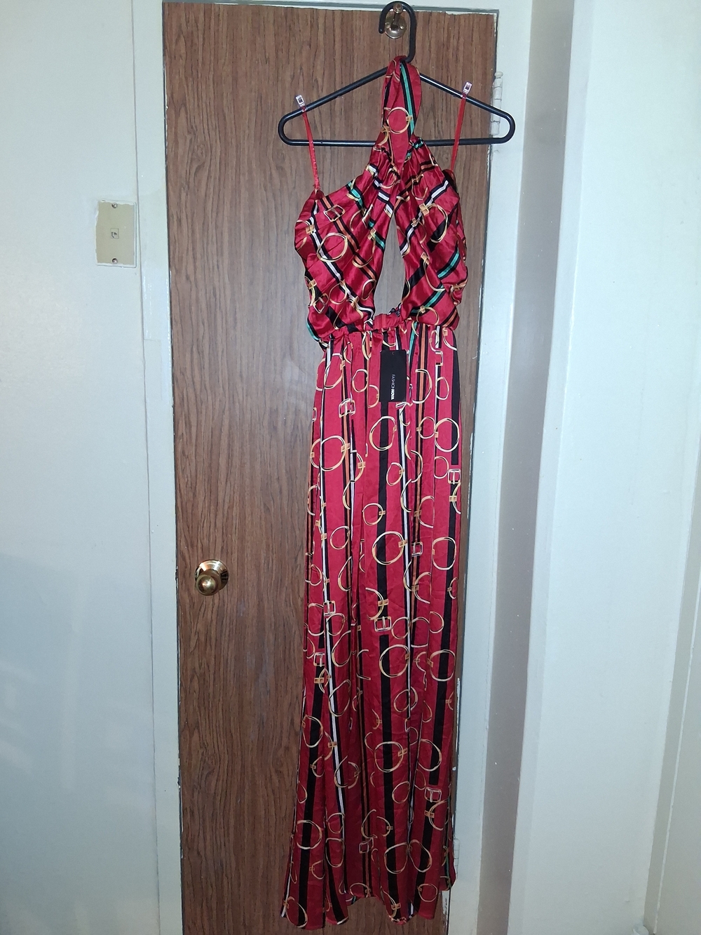 Fashion Nova Red Halter Maxi Dress with Gold Ring Print